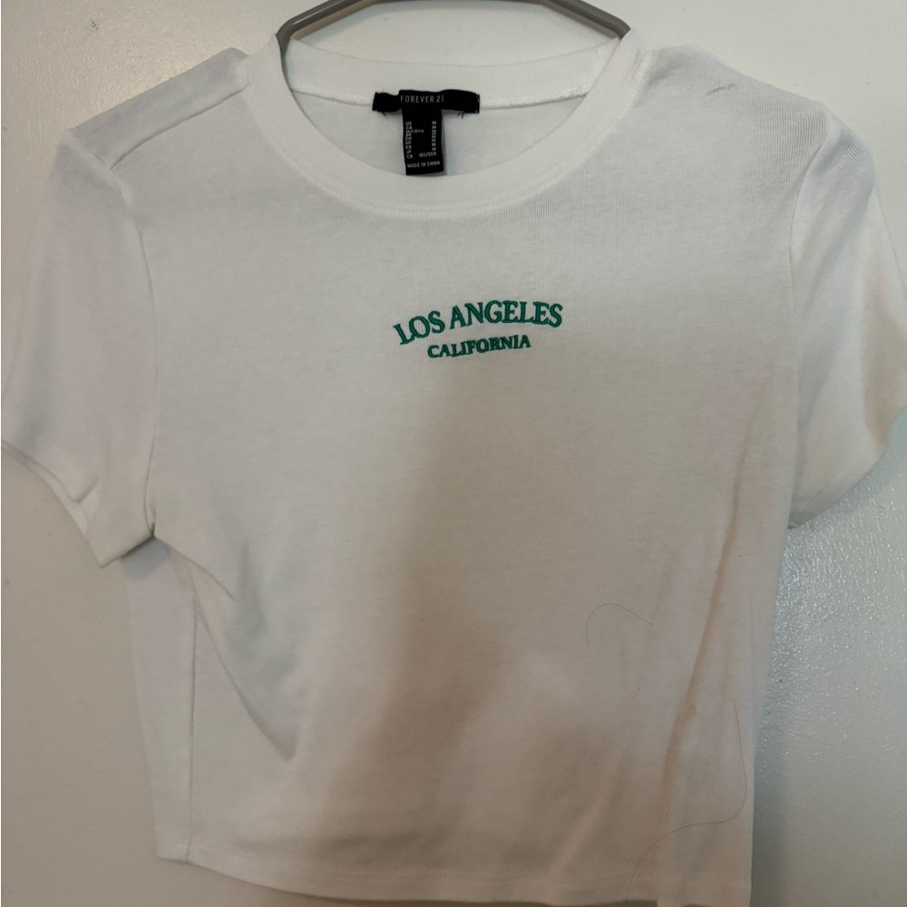 Forever 21 White Crop Top with Green Text